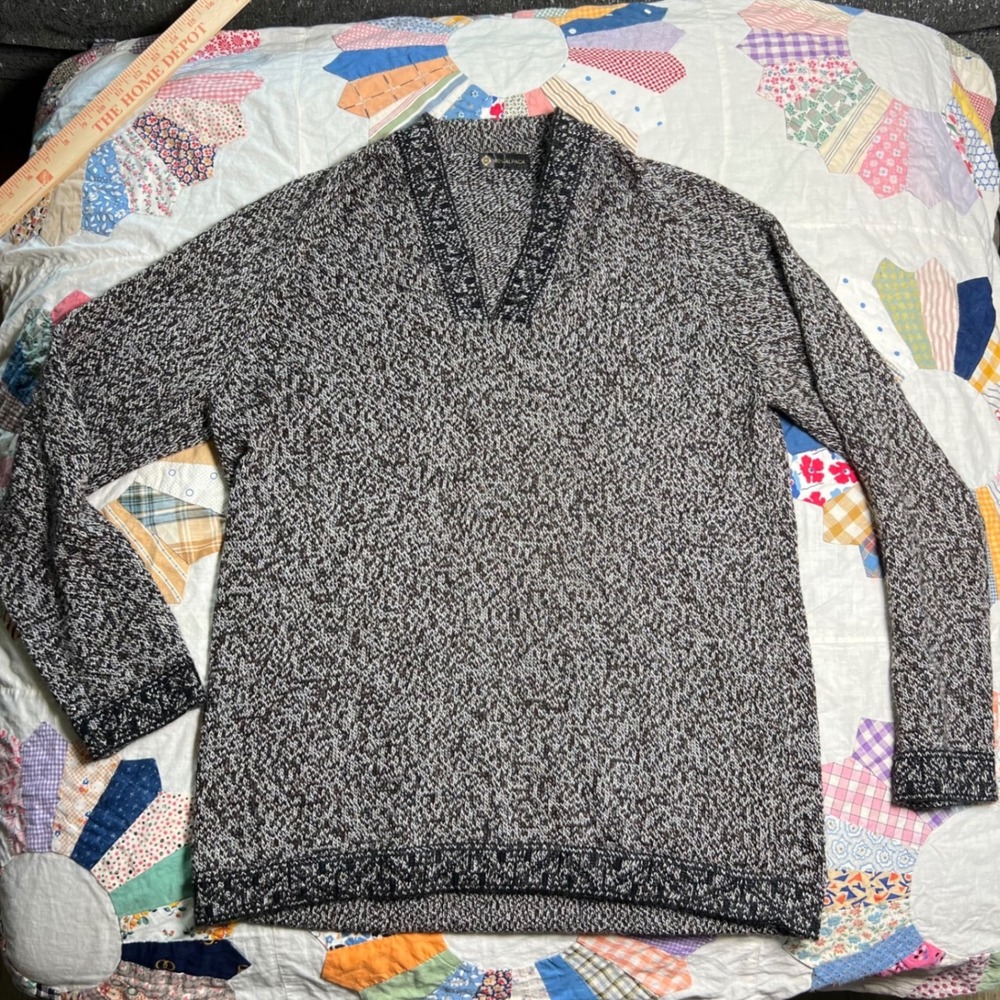 100% Alpaca Wool V-Neck Sweater Mens XL Salt and Pepper Marled Knit‎ Pullover
